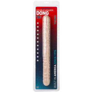 Clear plastic packaging containing an 18-inch double-headed veined dildo, labeled "Double Header Dong" and "Built in America Since 1976" on a background with blue and red accents and white stars.