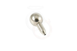 A shiny metallic Cock Stopper Penis Plug with a threaded post is displayed against a plain white background. The ball is smooth and reflective, attached to a ribbed cylindrical end featuring a hollow tip.