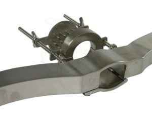 A stainless steel cylindrical tool with multiple prongs and two handles, designed for clamping or securing purposes, is shown against a white background. Its robust construction and adjustable parts suggest it’s used in heavy-duty or industrial applications.