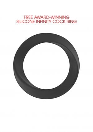 A black silicone infinity cock ring is centered on a white background. Above the ring, red text reads "FREE AWARD-WINNING SILICONE INFINITY COCK RING.