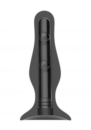 A transparent, cylindrical object with rounded ends and two circular disc-like structures inside, encased in a black, contoured, vertical stand. The stand has a flared base for stability. The object appears to be made of plastic or glass is the Sono No. 67 Self Penetrating Butt Plug.
