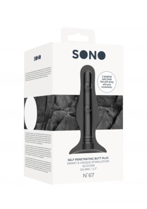 The image displays the packaging for a Sono No. 67 Self Penetrating Butt Plug. The box features the product name, a window revealing the item inside, and descriptions detailing its features, such as two weighted balls and being made of silicone, measuring 125 mm or 4.7 inches.
