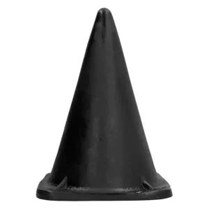 An All Black Cone Dildo, featuring a wide base and conical shape, stands upright against a white background.