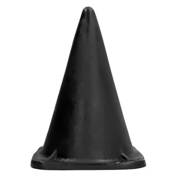 An All Black Cone Dildo, featuring a wide base and conical shape, stands upright against a white background.