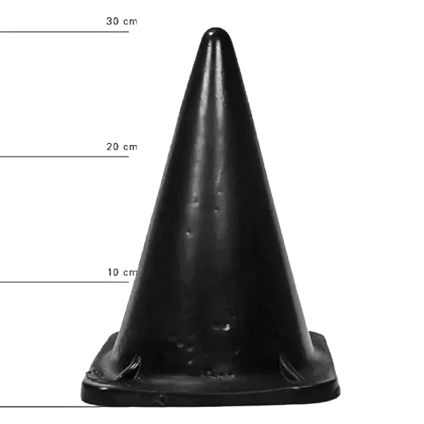 The All Black Cone Dildo is displayed upright against a white background, with measurement lines showing heights of 10 cm, 20 cm, and 30 cm.