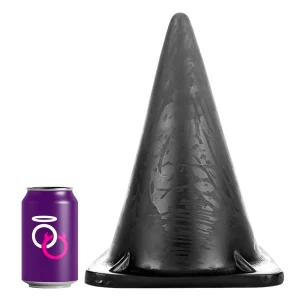 The All Black Cone Dildo, a large black cone-shaped toy, stands upright next to a standard-sized soda can with a Saints and Sinners logo, emphasising the striking size difference between the two items.