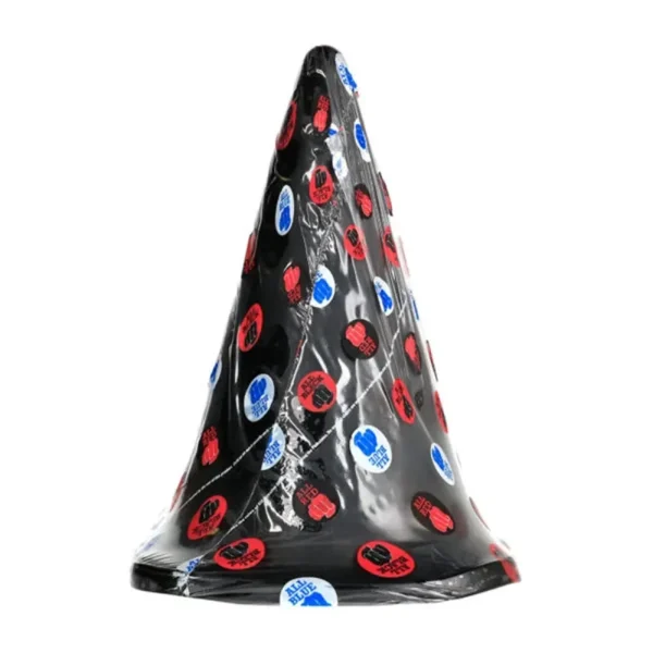 An All Black Cone Dildo in plastic packaging featuring blue and red circular stickers, displayed against a white background.