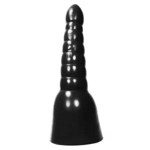 The All Black Waldemar Dildo AB17 is a black, ribbed, cone-shaped sex toy with a rounded tip and wide base, shown standing upright against a white background.