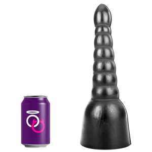The All Black Waldemar Dildo AB17, a large black textured anal dildo, stands upright beside a purple can with the Saints and Sinners logo to show their size comparison.