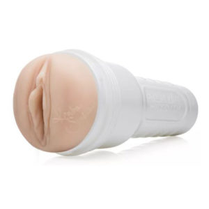 A handheld male masturbator designed to resemble a flashlight. The device features a realistic vaginal opening made of soft, flesh-colored material and a white plastic casing for a secure grip.