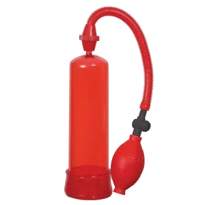 The Me You Us Pumped Up Fire Penis Pump features a red cylindrical chamber with a flexible corrugated hose and a bulb-shaped hand pump, all set against a white background.