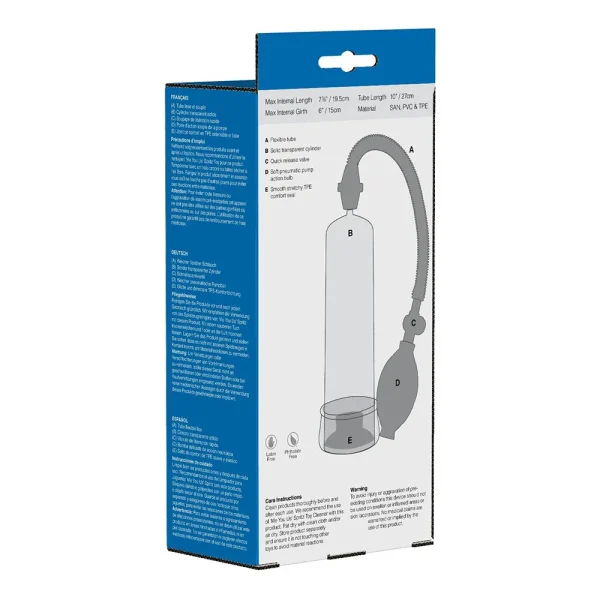Illustration on packaging shows labeled parts (A-E) of the Me You Us Pumped Up Fire Penis Pump, with instructions and product info in multiple languages on a blue and white box.