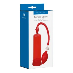 A blue and white box labeled "Me You Us Pumped Up Fire Penis Pump" displays a red penis pump with a bulb handle and flexible tube.
