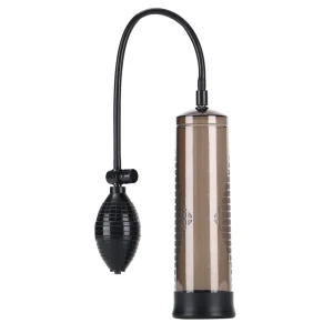 The Me You Us Pumped Up Smoke Penis Pump features a cylindrical smoke chamber, a sturdy black base, and an attached flexible tube with a manual black squeeze bulb for operation.
