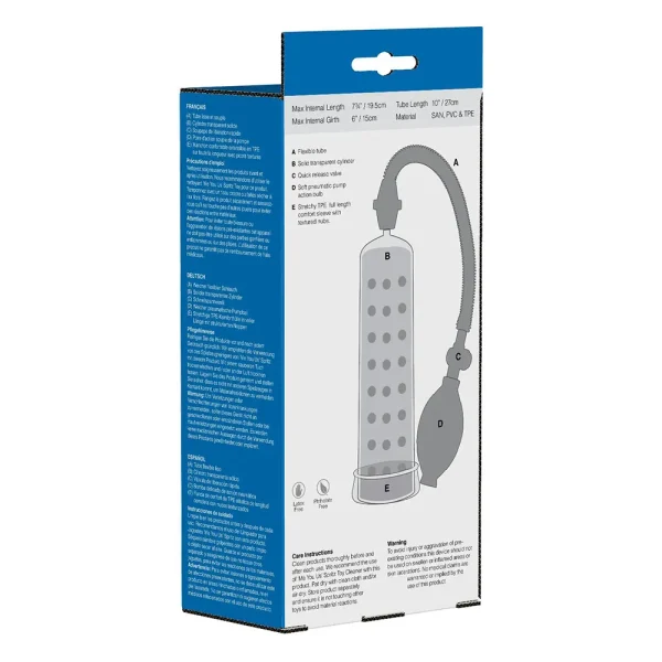 A rectangular box with blue and white sides displays a grayscale diagram of the Me You Us Pumped Up Smoke Penis Pump, showing labelled parts and product instructions in multiple languages.