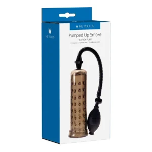 A boxed Me You Us Pumped Up Smoke Penis Pump with a smoke textured cylinder, flexible black hose, and hand pump is shown on the packaging against a white and blue background.