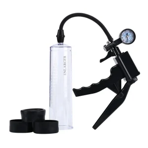 The Me You Us X Factor Penis Enlarger with Trigger Grip Handle is a clear cylindrical pump featuring a black hose, pressure gauge, and three black rubber rings in assorted sizes.