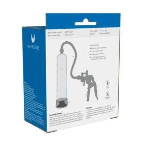 A blue and white box for the Me You Us X Factor Penis Enlarger with Trigger Grip Handle shows a diagram of the pump, hose, and handle, lists specs and care instructions, and displays the "ME YOU US" logo on the side.