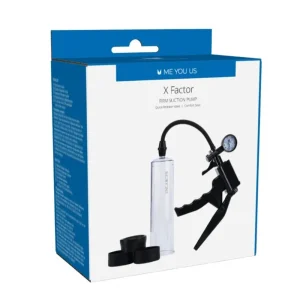A blue and white box labeled "Me You Us X Factor Penis Enlarger with Trigger Grip Handle," featuring an image of the suction pump device, a pressure gauge, black attachments, and product details on the side.