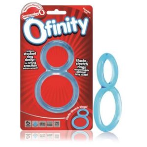 Product packaging for "Ofinity" by Screaming O, featuring a pair of blue elasto-stretch rings in an intertwined figure-eight shape. The text highlights the product's design for snug fit and erection enhancement, with the rings displayed both in packaging and separately outside.