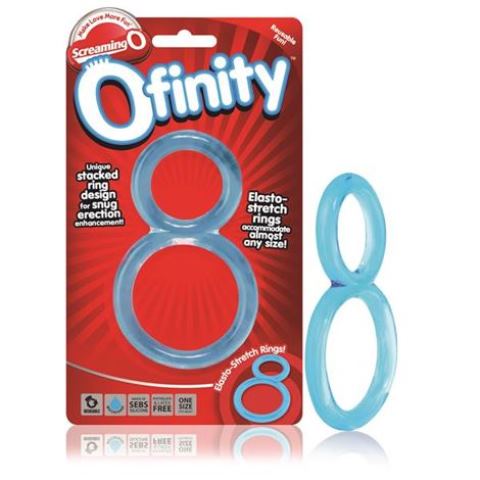 Product packaging for "Ofinity" by Screaming O, featuring a pair of blue elasto-stretch rings in an intertwined figure-eight shape. The text highlights the product's design for snug fit and erection enhancement, with the rings displayed both in packaging and separately outside.