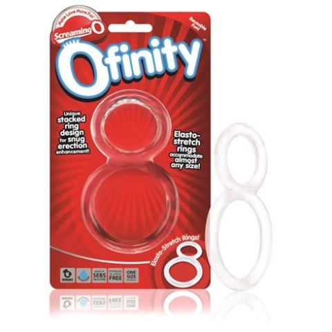 Packaging of the Screaming O Finity product, which includes elastic dual rings designed for snug fit and erection enhancement. The package is red and white with product features listed, and the product is shown as two white, interconnected rings.