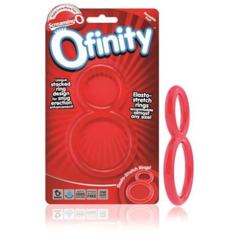 A product titled "Screaming Ofinity" is displayed. The packaging is red with white and blue text and includes two red elastic rings designed in the shape of an ‘8’. The product claims to enhance and maintain erection and lists features such as latex-free and reusable.