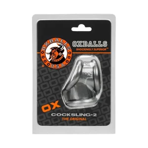 A packaged "Oxballs Cocksling 2 Cock Ring" is displayed, showing a metallic ring inside clear plastic casing on black and orange branded packaging.