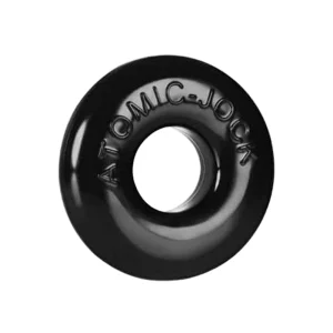 A black, glossy, doughnut-shaped Oxballs Do-Nut 2 Fatty Cock Ring with "ATOMIC JOCK" embossed on its surface, displayed against a white background.