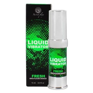 A bottle of Secret Play Liquid Vibrator Stimulator Fresh is displayed in front of its black and green box, both featuring bold green dots and text. The bottle contains 15 ml (0.5 fl oz).