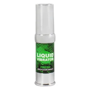 A small bottle labelled "Secret Play Liquid Vibrator Stimulator Fresh" with a green and black design, used as a personal intimacy enhancer.