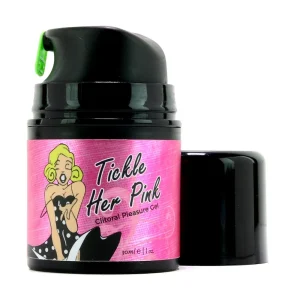 A 30ml black bottle of Tickle Her Pink Clitoral Pleasure Gel with a pink label showing an illustrated smiling woman in a polka dot dress; the cap is off and set next to the bottle.