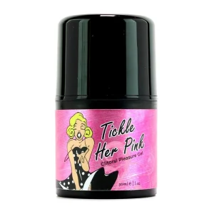 A black 30ml container with a pink label reading "Tickle Her Pink Clitoral Pleasure Gel," featuring a cartoon surprised blonde woman in a polka dot dress.