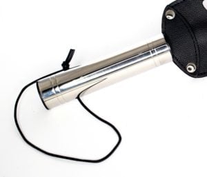 Leather Slotted Paddle with Stainless Steel Handle Close up