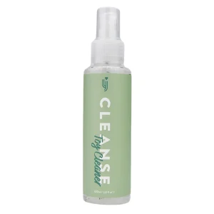 A clear plastic spray bottle with a light green label reading "Loving Joy Cleanse Toy Cleaner" in white and teal text, containing 100 ml (3.4 fl oz) of liquid.