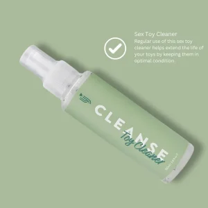 A bottle of "Loving Joy Cleanse Toy Cleaner" with a green label is shown. Text next to it reads: "Sex Toy Cleaner—Regular use helps extend the life of your toys by keeping them in optimal condition.