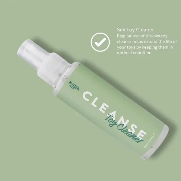 A bottle of "Loving Joy Cleanse Toy Cleaner" with a green label is shown. Text next to it reads: "Sex Toy Cleaner—Regular use helps extend the life of your toys by keeping them in optimal condition.