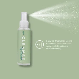 A green "Loving Joy Cleanse Toy Cleaner" spray bottle (100ml) sprays mist to the right. Text: "Easy-To-Use Spray Bottle—Convenient size with spray nozzle for quick, effective cleaning.