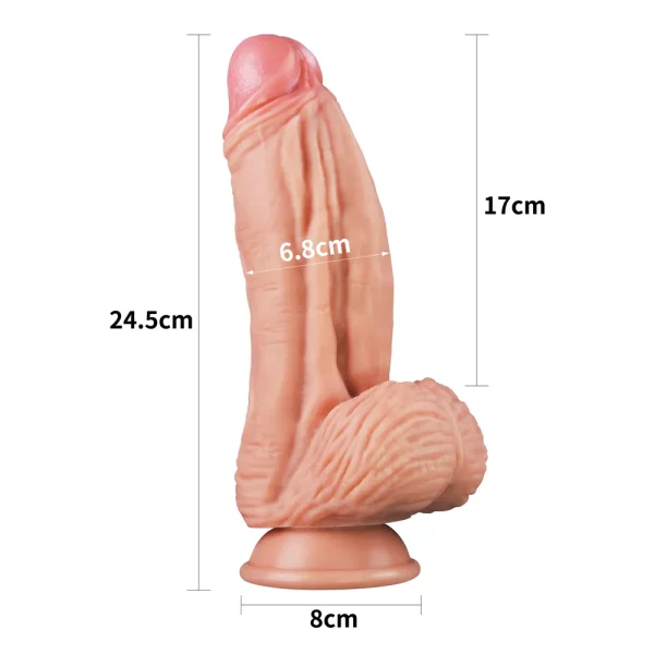 The Muscle 10 Inch Dual Layered Silicone Suction Cup Cock Dildo, in a flesh tone with pronounced veins and a suction base, measures 24.5 cm long, has a girth of 6.8 cm, and features an 8 cm wide base.