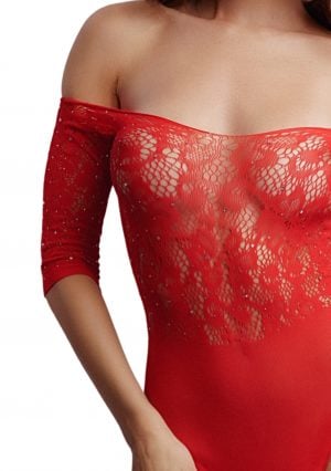 Le Desir Crotchless Rhinestone Fishnet Teddy Red Material