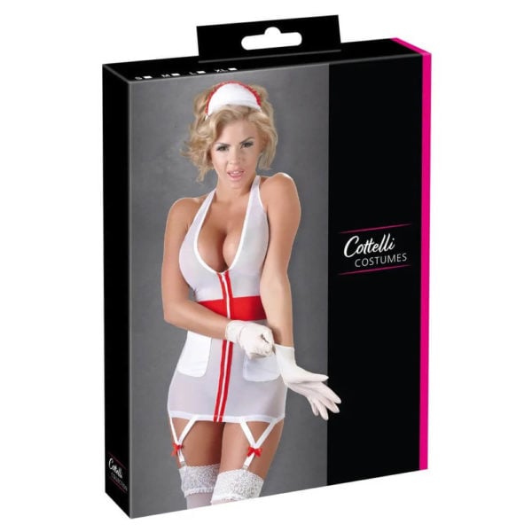 Box packaging of a Cottelli Costumes Sexy Nurse Outfit product showcasing a woman dressed in a provocative nurse outfit with a plunging neckline, white gloves, red belt, and garter straps. She has blonde hair styled in an updo and is adjusting her gloves.