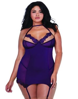 Dreamgirl Plum Garter Slip Dress with G-String Plus Size 12199X Front Close-up