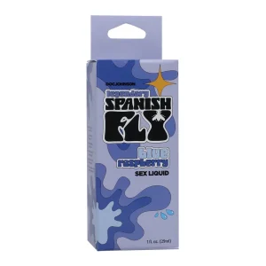 A rectangular box labelled "Spanish Fly Sex Liquid Flavoured Aphrodisiac" features blue splashes and stylized black and white text on a light blue background. The box contains 1 fl oz (29 ml) of liquid. Blue raspberry flavour.