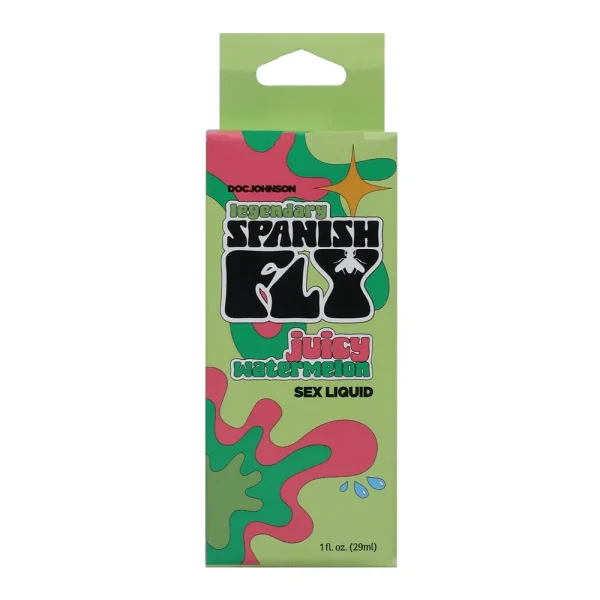 A green box labelled "Spanish Fly Sex Liquid Flavoured Aphrodisiac" with abstract pink and green designs, a hang tab at the top, and a capacity of 1 fl. oz. (29 ml). Juicy watermelon flavour.