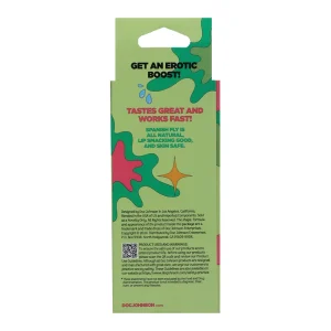 Back of the Spanish Fly Sex Liquid Flavoured Aphrodisiac package with colorful abstract shapes and text touting its great taste, fast-acting, all-natural formula that’s lip-smacking good and safe for skin.