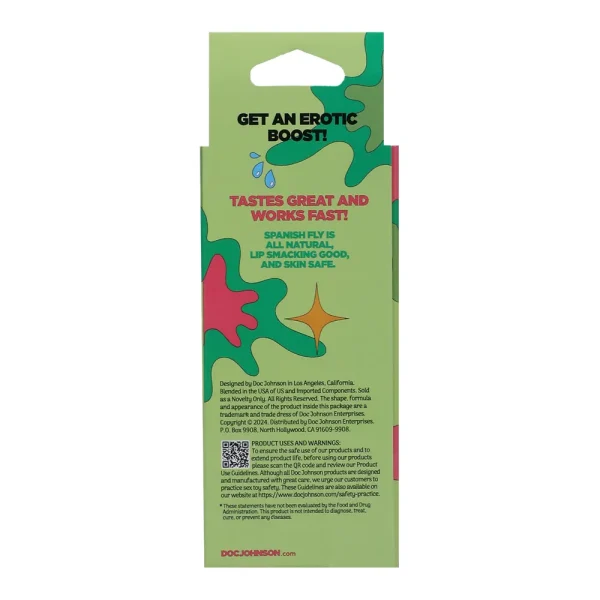 Back of the Spanish Fly Sex Liquid Flavoured Aphrodisiac package with colorful abstract shapes and text touting its great taste, fast-acting, all-natural formula that’s lip-smacking good and safe for skin.