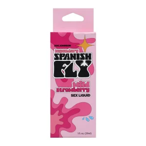 A pink box labelled "Spanish Fly Sex Liquid Flavoured Aphrodisiac" features abstract pink shapes and a gold star design, containing 1 fl oz (29 ml) of product. Wild strawberry flavour.