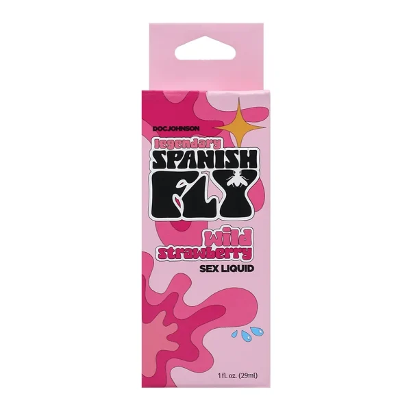 A pink box labelled "Spanish Fly Sex Liquid Flavoured Aphrodisiac" features abstract pink shapes and a gold star design, containing 1 fl oz (29 ml) of product. Wild strawberry flavour.