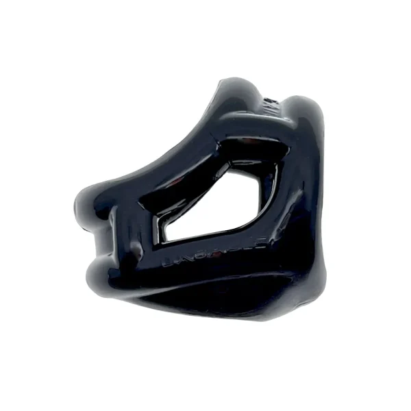 oxballs-cocksling-air-black Side view of the Oxballs Cocksling Air, a black, cock and ball ring with a hollow centre and curved edges, is shown against a white background.