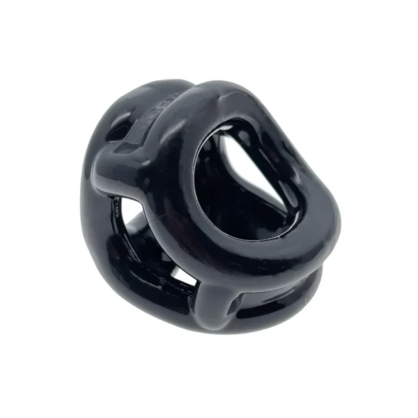 The Oxballs Cocksling Air is a shiny black, hollow, interconnected cock and ball ring made of smooth tpr, with rounded edges and multiple openings.